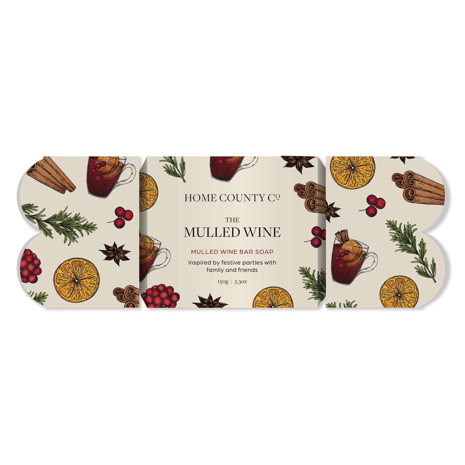 A mulled wine scented Christmas soap bar is shown in its novelty Christmas cracker shaped gift box