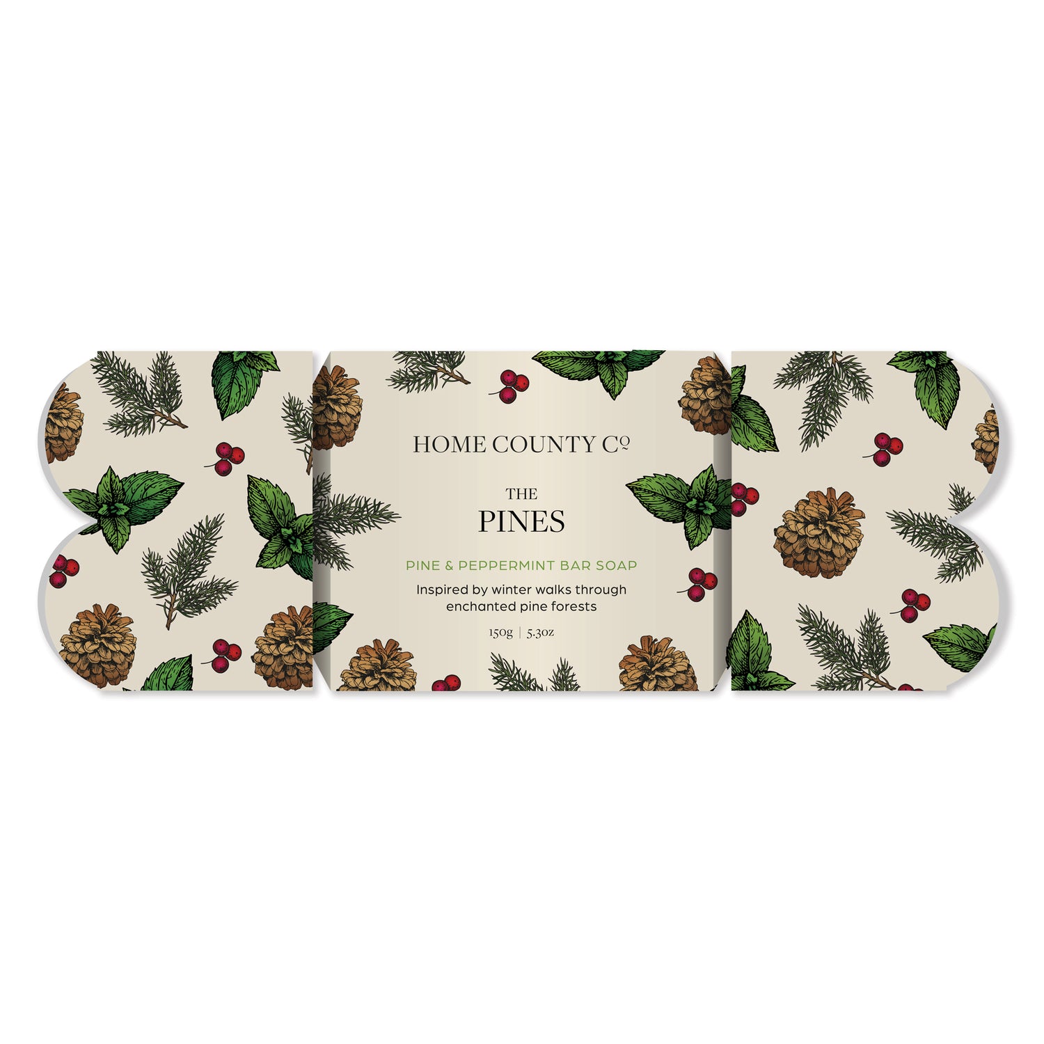 A pine scented Christmas soap bar is shown in its novelty Christmas cracker shaped gift box