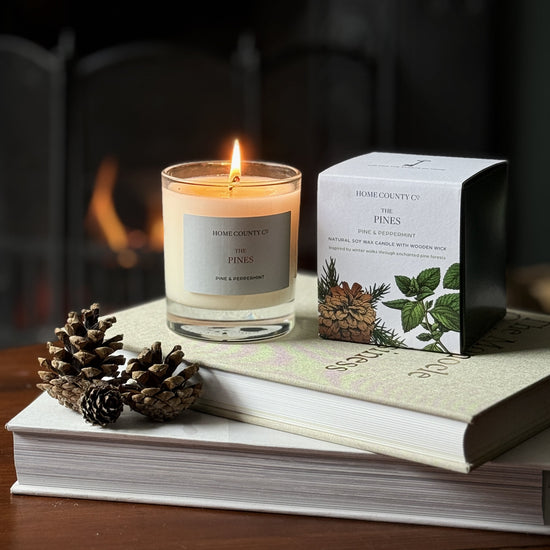 The Pine scented Christmas candle from Home County Co. is shown alight next to its candle box with pinecones and books in the foreground and a log fire in the background