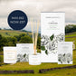 Home County Co. Yorkshire candle reed diffuser and soap bar set displayed against a green countryside background in the Yorkshire Dales. 