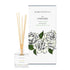 A Yorkshire rose scented reed diffuser from Home County Co. The vegan friendly reed diffuser is shown next to the eco friendly reed diffuser box packaging.