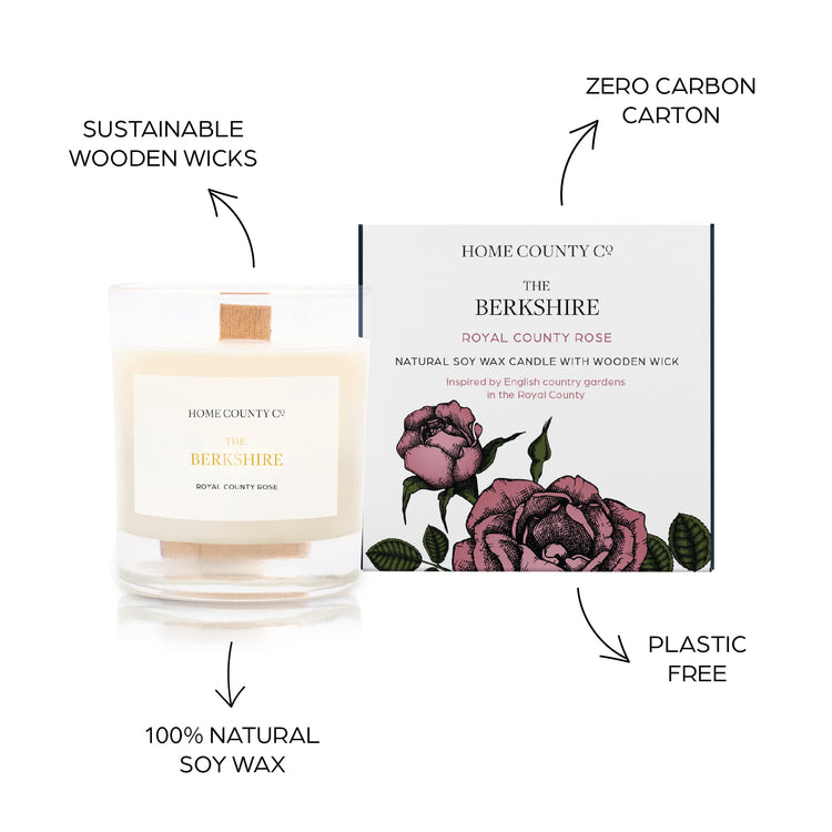 Sustainable candle credentials are shown around rose scented candle image - sustainable wooden wicks, zero carbon carton, 100% natural soy wax, plastic free