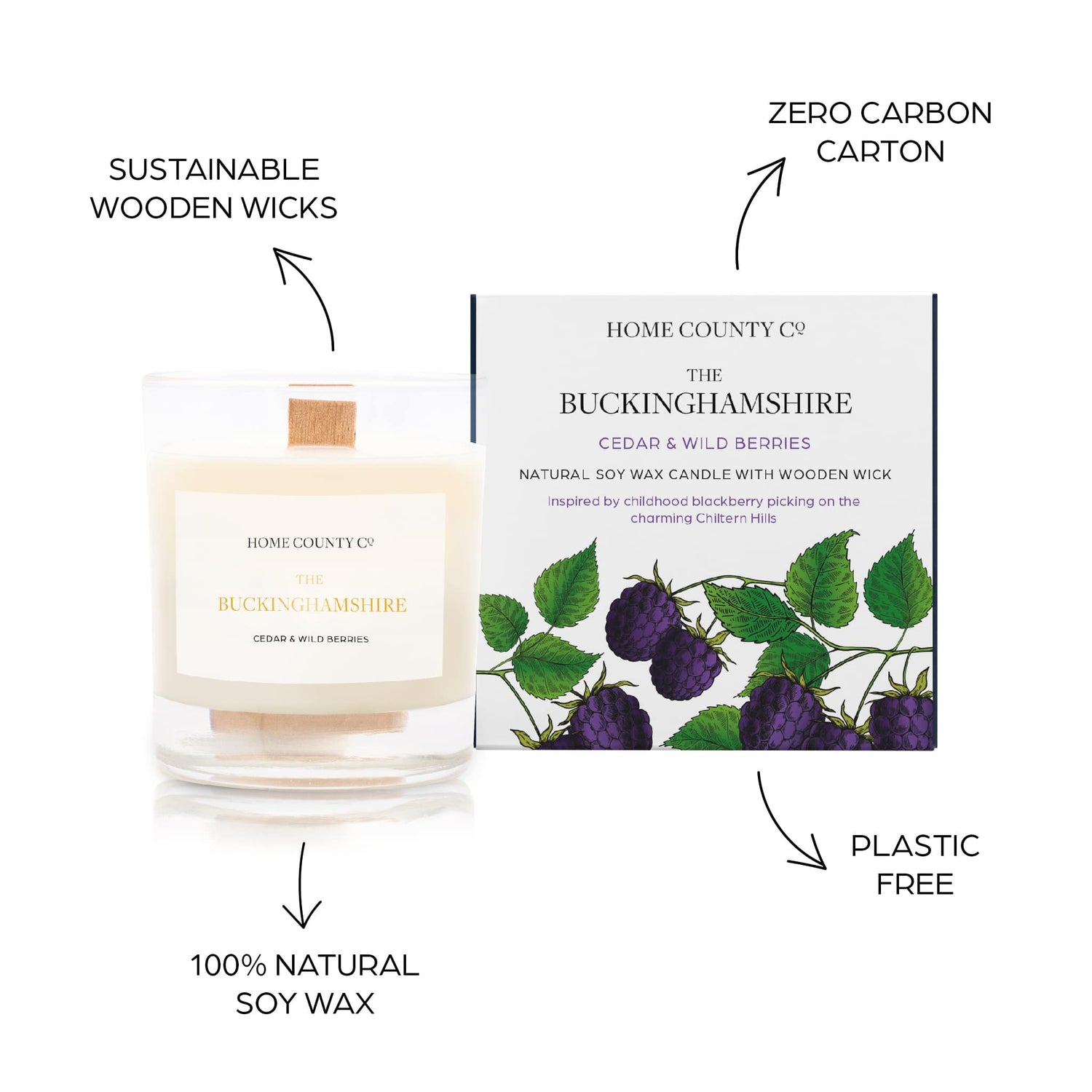 Sustainable candle credentials are shown around the berry scented candle image - sustainable wooden wicks, zero carbon carton, 100% natural soy wax, plastic free