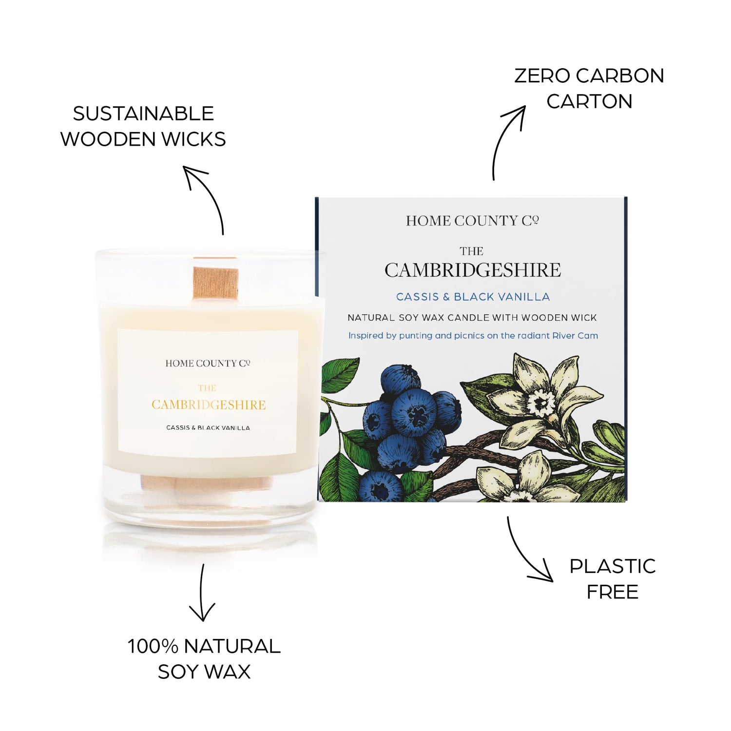 Sustainable candle credentials are shown around the vanilla scented candle image - sustainable wooden wicks, zero carbon carton, 100% natural soy wax, plastic free