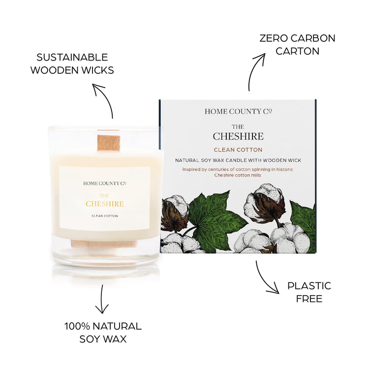 Sustainable candle credentials are shown around the clean cotton candle image - sustainable wooden wicks, zero carbon carton, 100% natural soy wax, plastic free