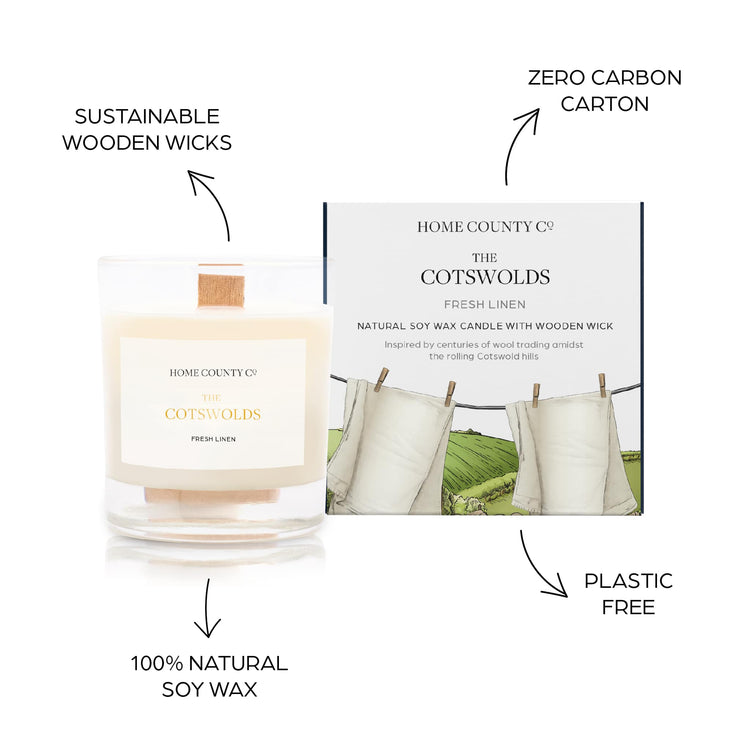Sustainable candle credentials are shown around the fresh linen scented candle image - sustainable wooden wicks, zero carbon carton, 100% natural soy wax, plastic free