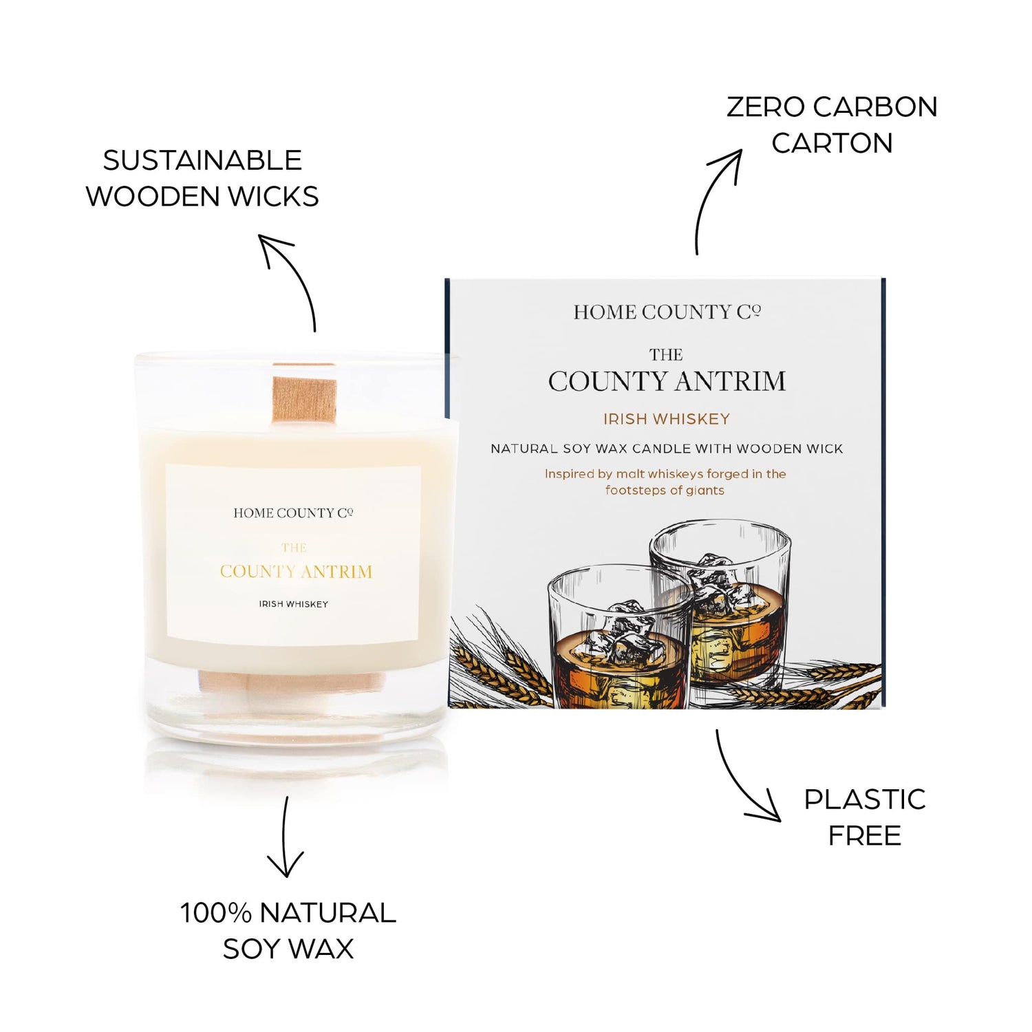 Sustainable candle credentials are shown around the whiskey scented candle image - sustainable wooden wicks, zero carbon carton, 100% natural soy wax, plastic free