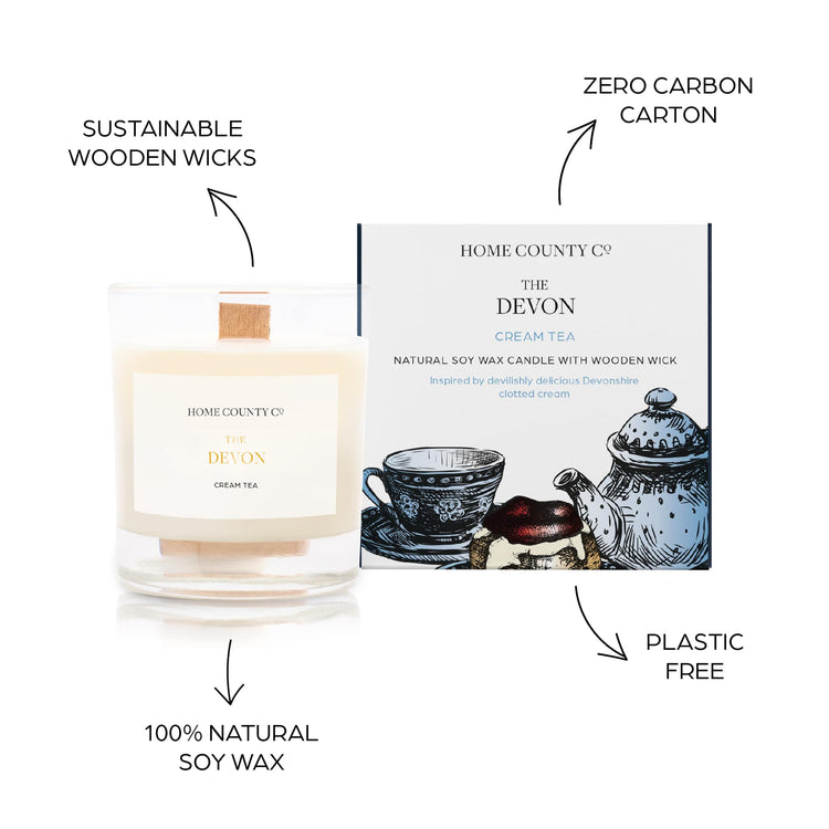 Sustainable candle credentials are shown around the cream tea scented candle image - sustainable wooden wicks, zero carbon carton, 100% natural soy wax, plastic free