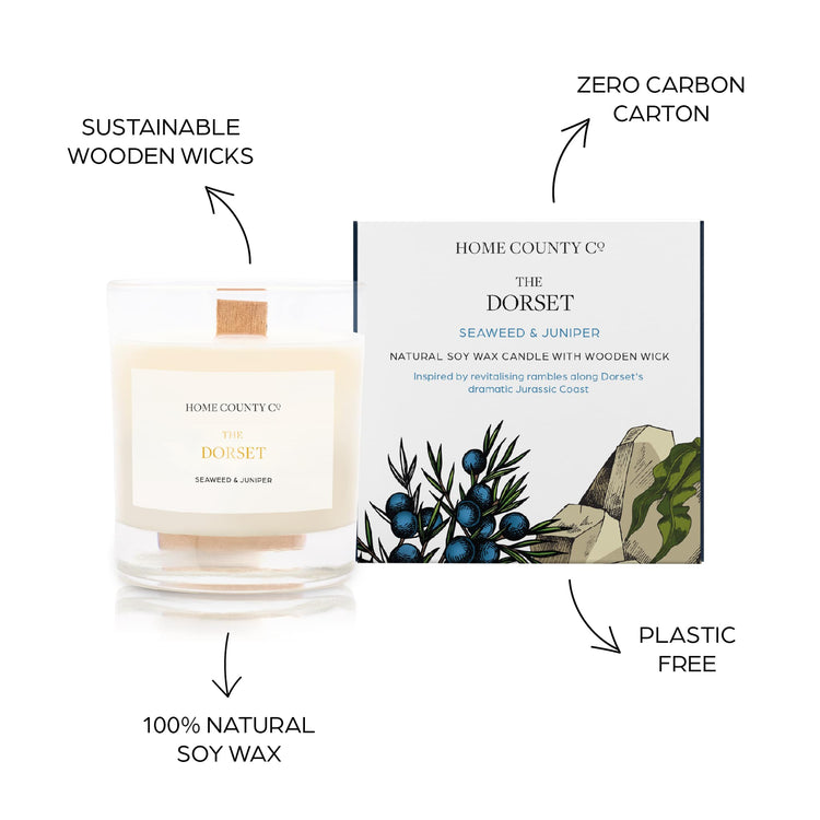 Sustainable candle credentials are shown around the seaweed scented candle image - sustainable wooden wicks, zero carbon carton, 100% natural soy wax, plastic free