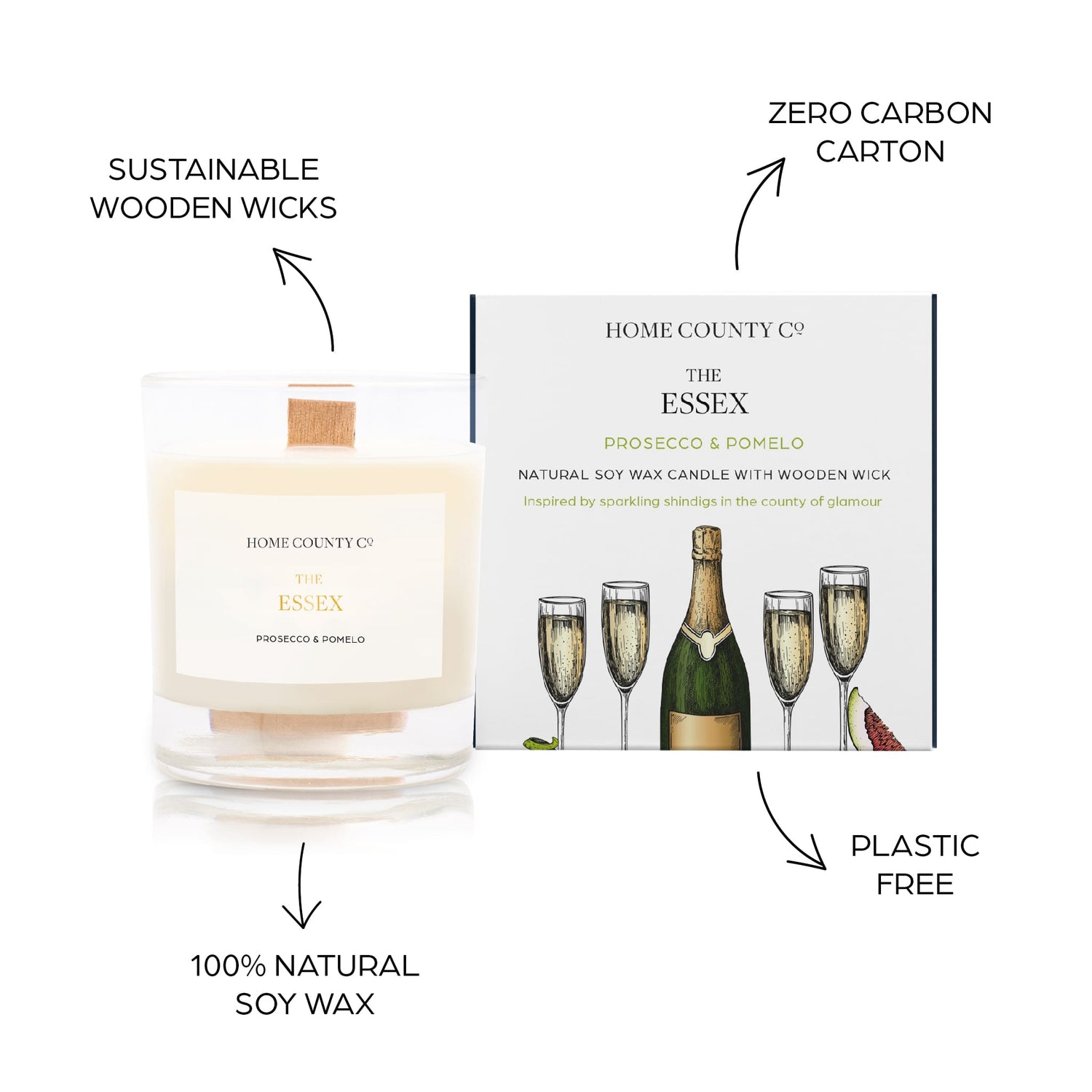 Sustainable candle credentials are shown around the prosecco scented candle image - sustainable wooden wicks, zero carbon carton, 100% natural soy wax, plastic free