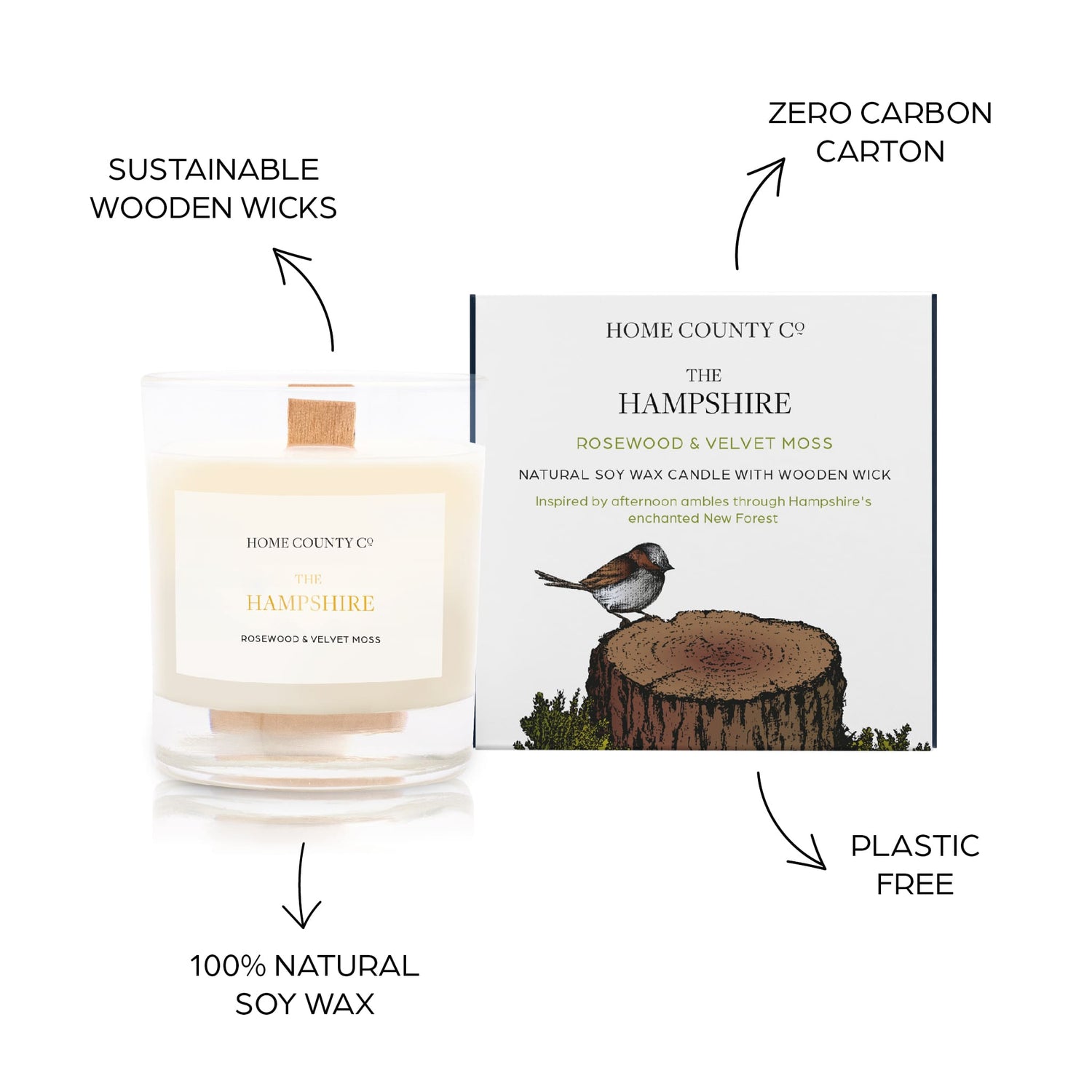Sustainable candle credentials are shown around the wood scented candle image - sustainable wooden wicks, zero carbon carton, 100% natural soy wax, plastic free
