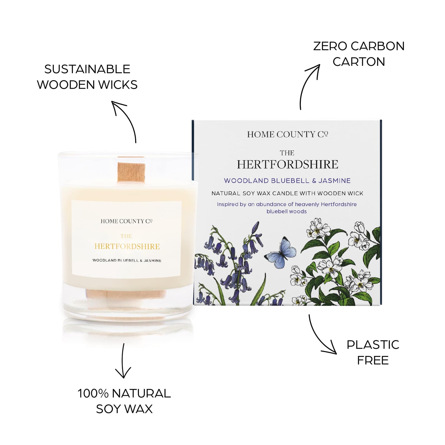 Sustainable candle credentials are shown around the bluebell scented candle image - sustainable wooden wicks, zero carbon carton, 100% natural soy wax, plastic free
