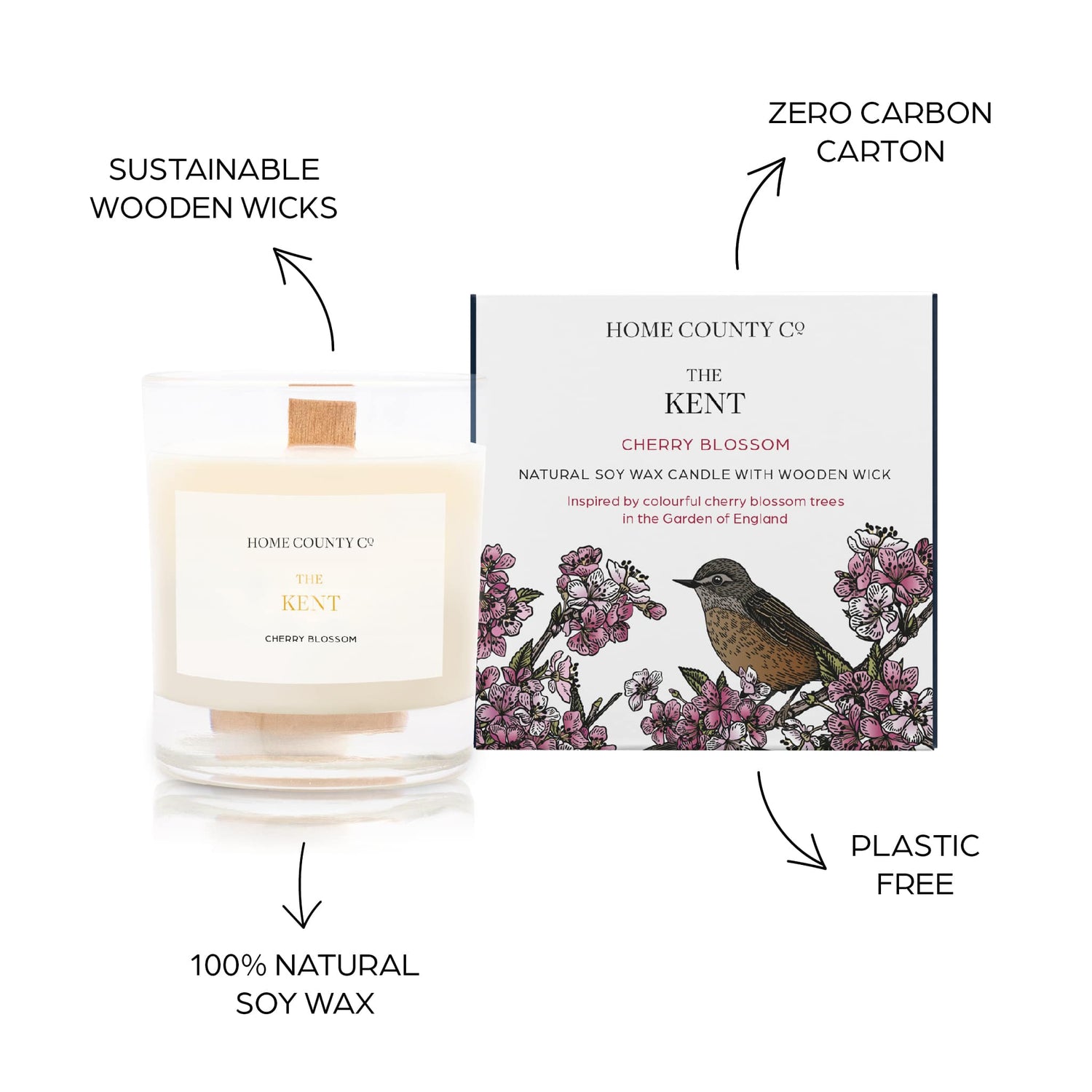 Sustainable candle credentials are shown around the cherry blossom scented candle image - sustainable wooden wicks, zero carbon carton, 100% natural soy wax, plastic free