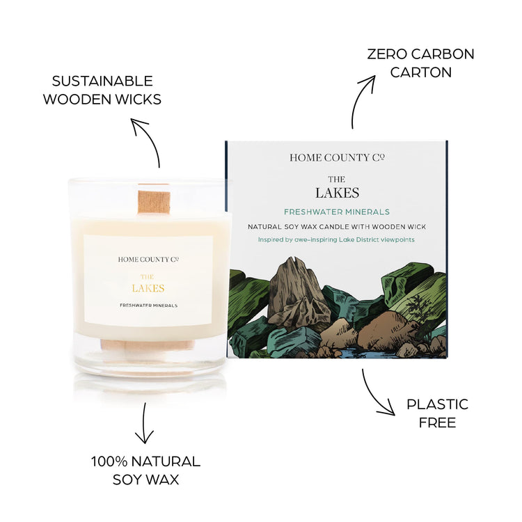Sustainable candle credentials are shown around the earthy scented candle image - sustainable wooden wicks, zero carbon carton, 100% natural soy wax, plastic free