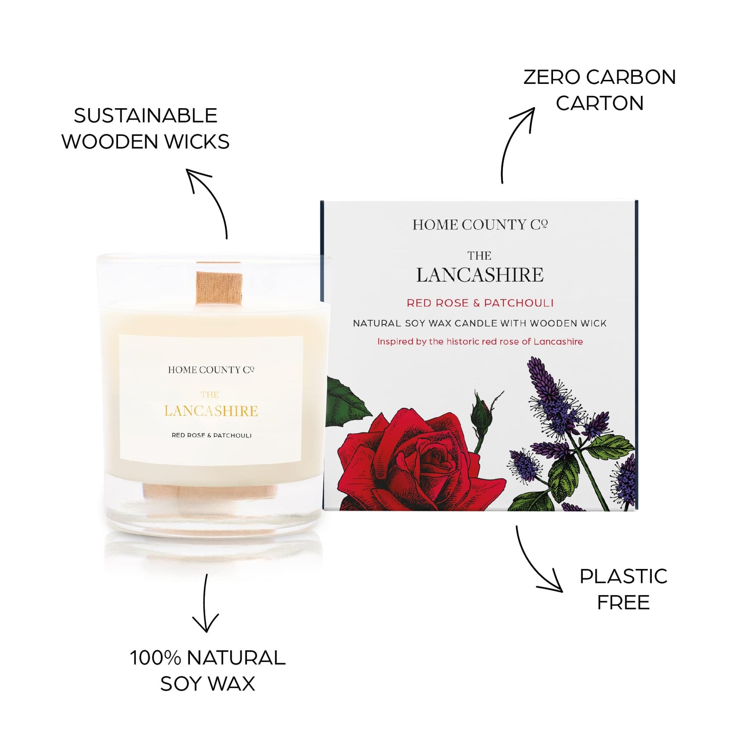 Sustainable candle credentials are shown around the red rose scented candle image - sustainable wooden wicks, zero carbon carton, 100% natural soy wax, plastic free