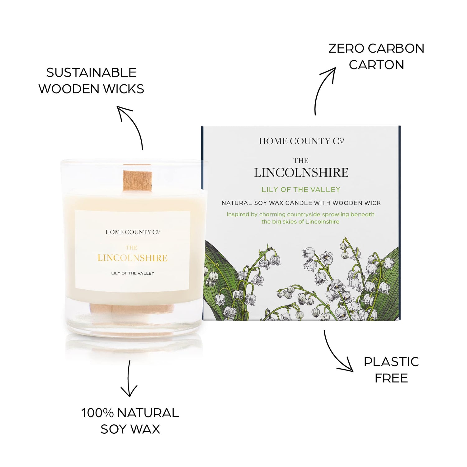 Sustainable candle credentials are shown around the floral scented candle image - sustainable wooden wicks, zero carbon carton, 100% natural soy wax, plastic free