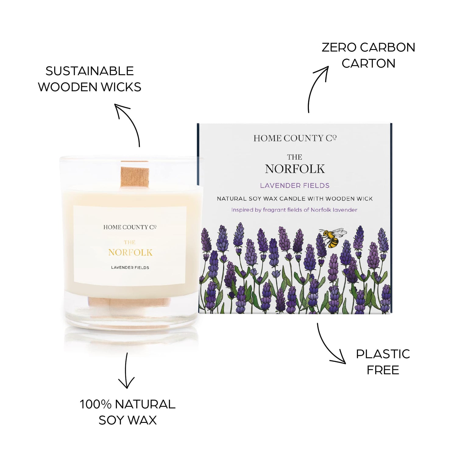 Sustainable candle credentials are shown around the lavender scented candle image - sustainable wooden wicks, zero carbon carton, 100% natural soy wax, plastic free