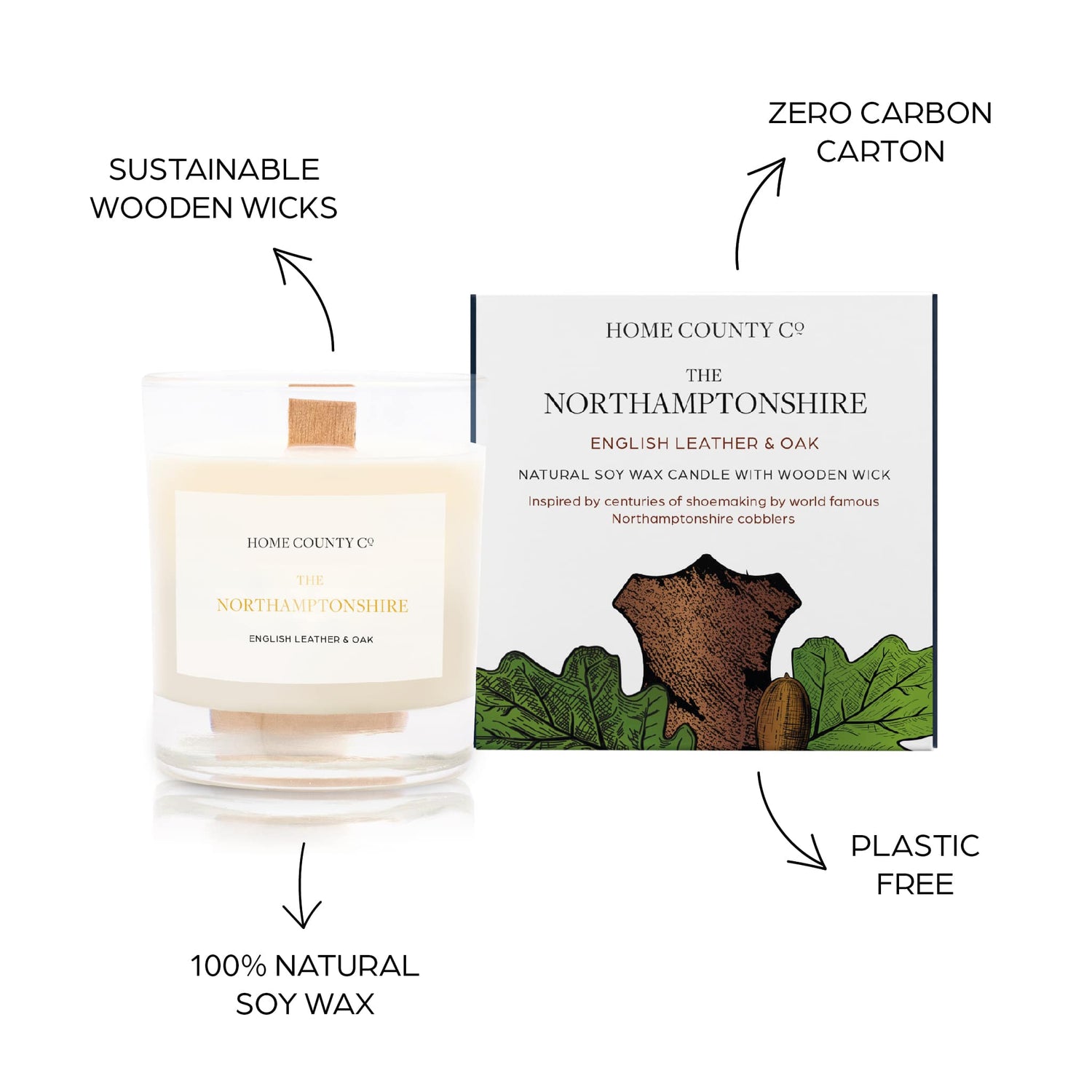 Sustainable candle credentials are shown around the leather scented candle image - sustainable wooden wicks, zero carbon carton, 100% natural soy wax, plastic free