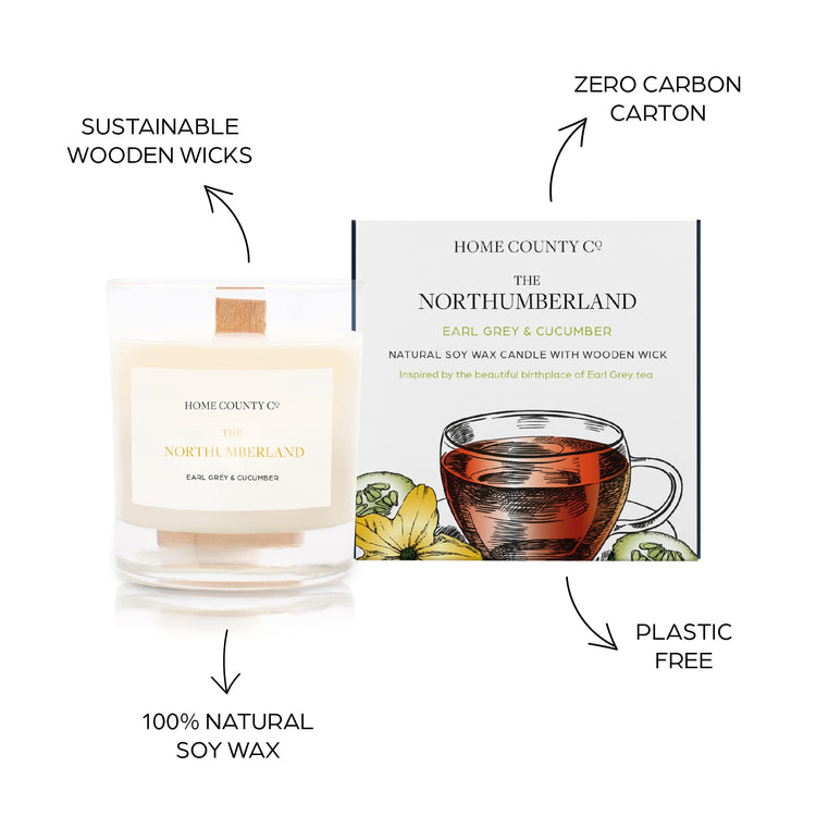 Sustainable candle credentials are shown around the earl grey scented candle image - sustainable wooden wicks, zero carbon carton, 100% natural soy wax, plastic free