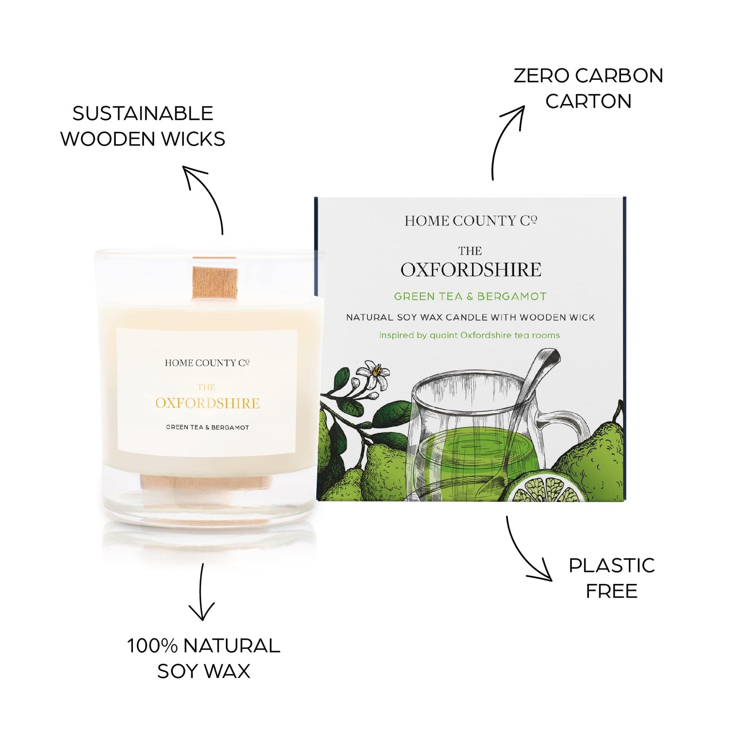 Sustainable candle credentials are shown around the green tea scented candle image - sustainable wooden wicks, zero carbon carton, 100% natural soy wax, plastic free