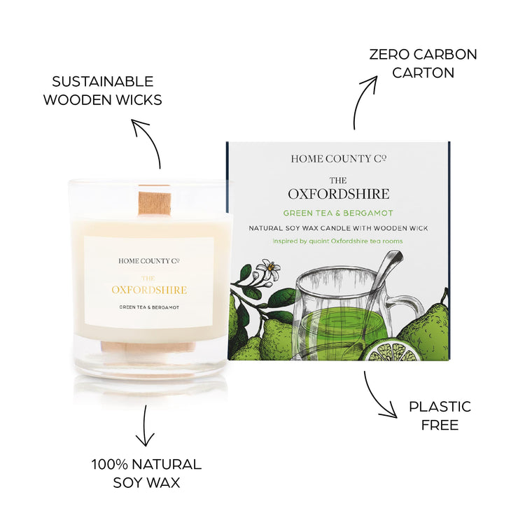 Sustainable candle credentials are shown around the green tea scented candle image - sustainable wooden wicks, zero carbon carton, 100% natural soy wax, plastic free
