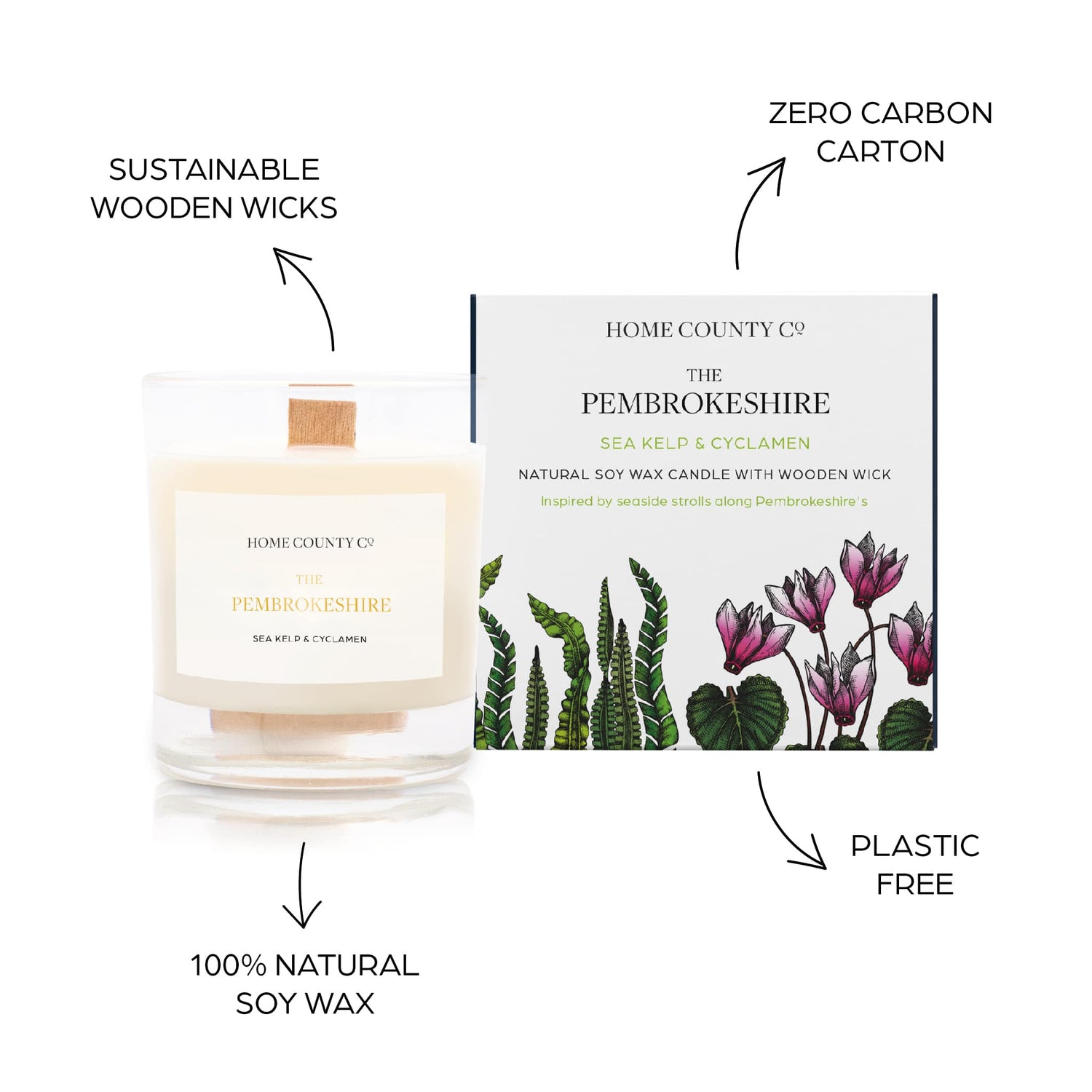 Sustainable candle credentials are shown around the coastal scented candle image - sustainable wooden wicks, zero carbon carton, 100% natural soy wax, plastic free