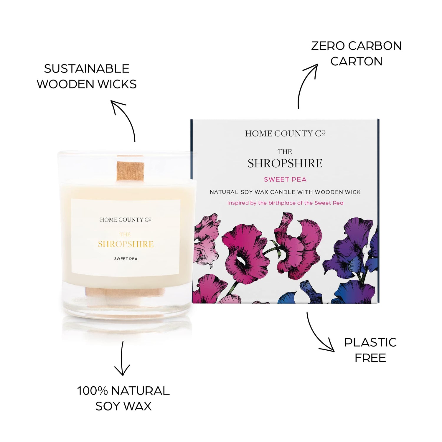 Sustainable candle credentials are shown around the sweet pea scented candle image - sustainable wooden wicks, zero carbon carton, 100% natural soy wax, plastic free