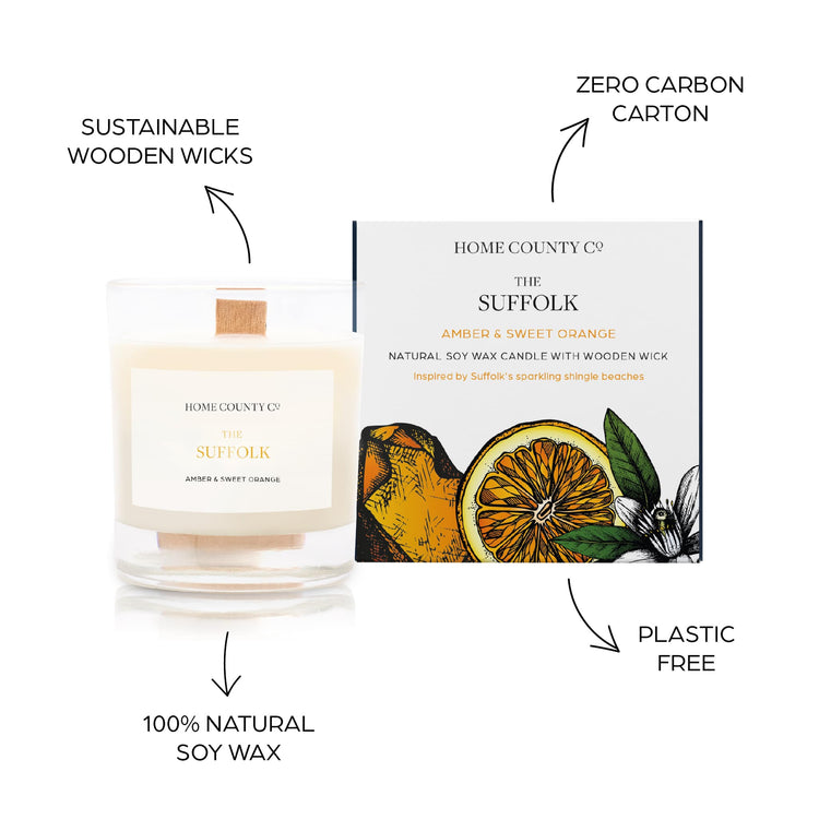 Sustainable candle credentials are shown around the orange scented candle image - sustainable wooden wicks, zero carbon carton, 100% natural soy wax, plastic free