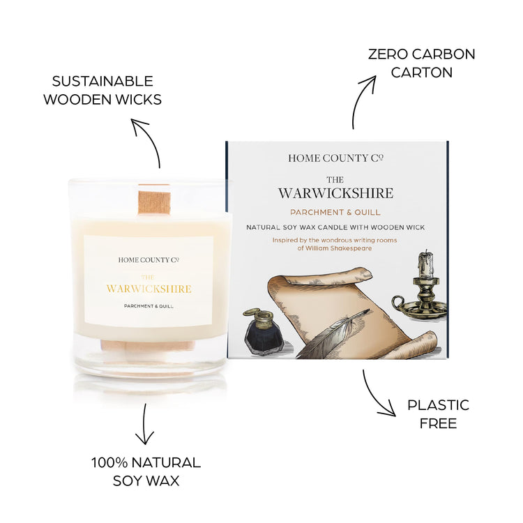 Sustainable candle credentials are shown around the oud scented candle image - sustainable wooden wicks, zero carbon carton, 100% natural soy wax, plastic free