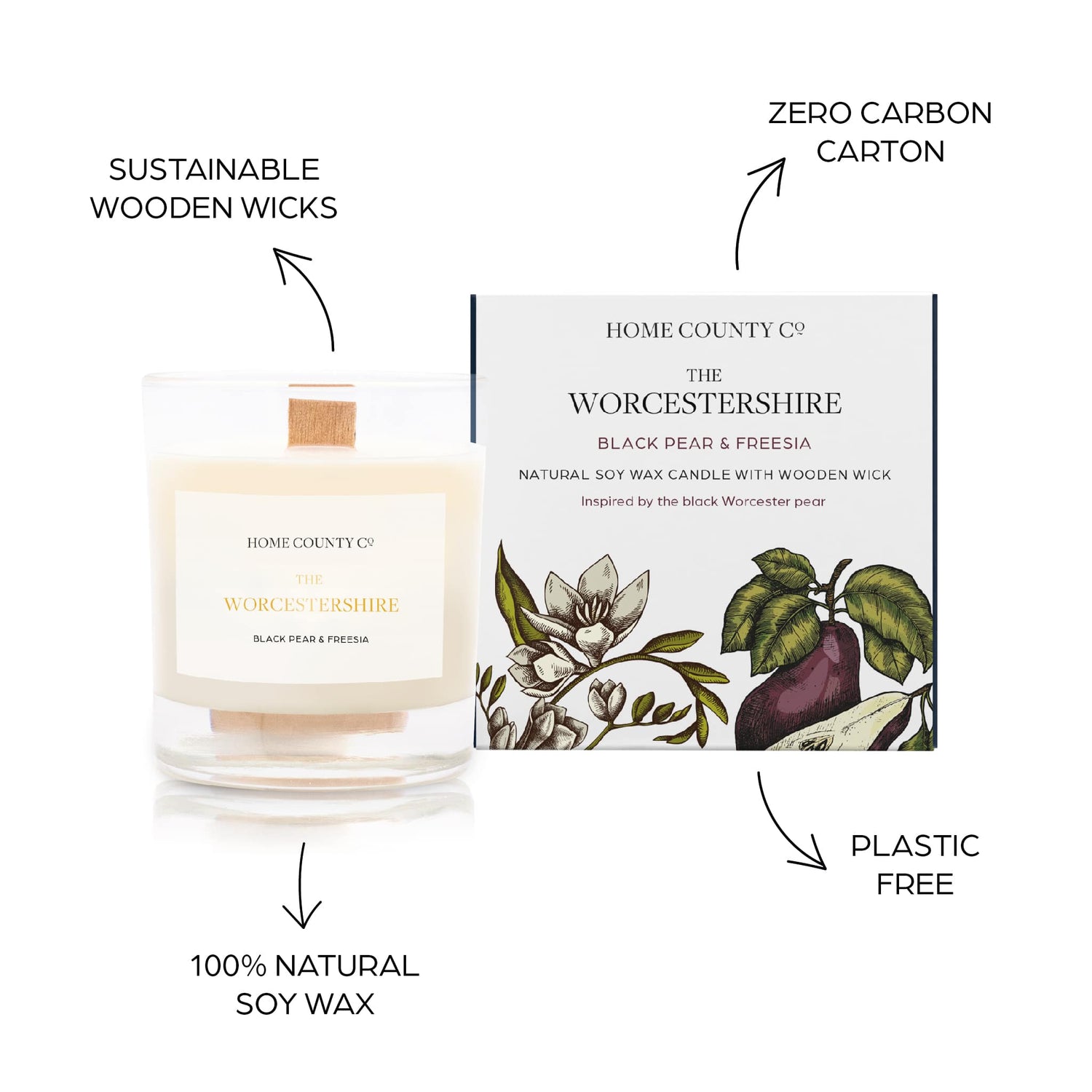 Sustainable candle credentials are shown around the pear scented candle image - sustainable wooden wicks, zero carbon carton, 100% natural soy wax, plastic free