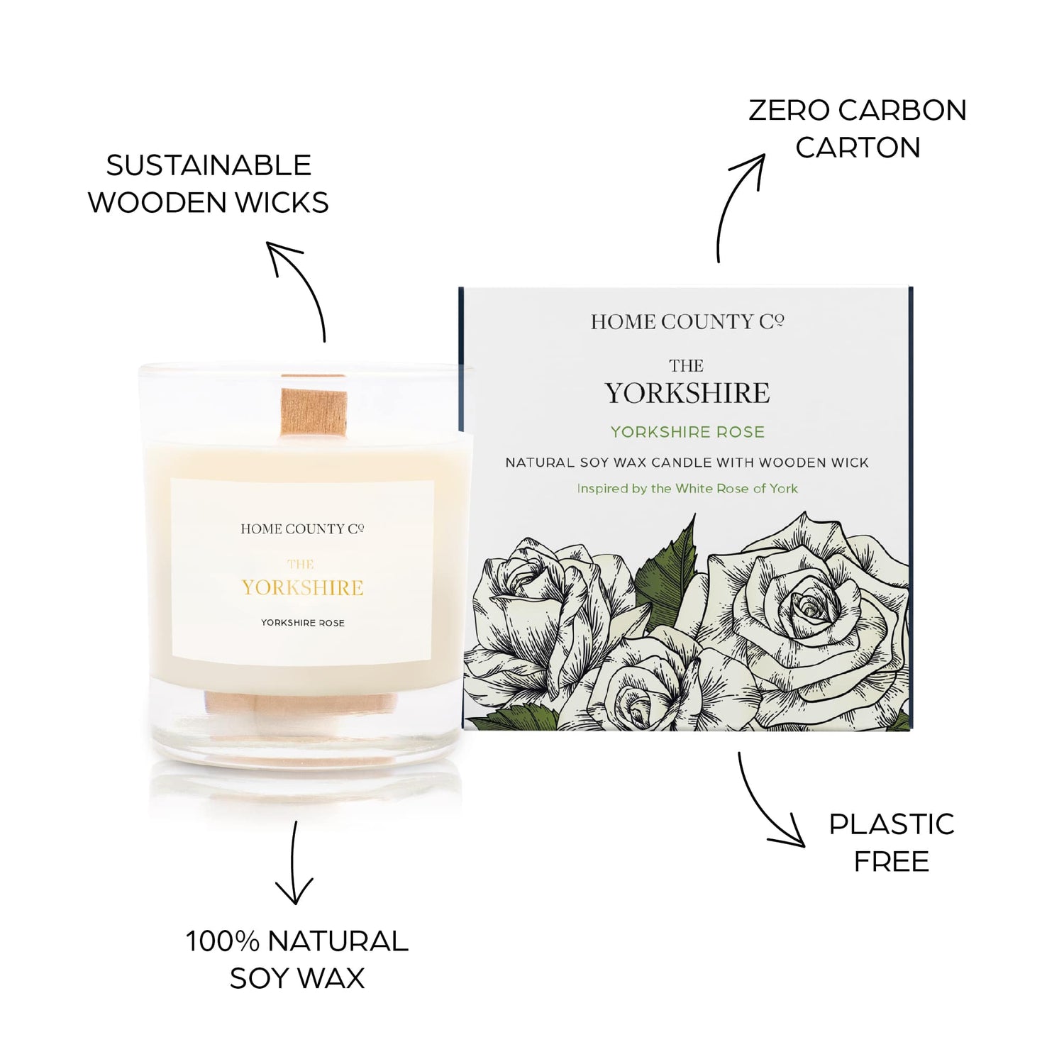Sustainable candle credentials are shown around the rose scented candle image - sustainable wooden wicks, zero carbon carton, 100% natural soy wax, plastic free