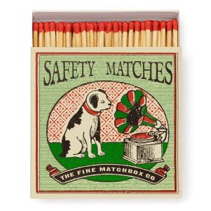 A box of luxury long matches from Archivist Gallery with dog and gramophone design