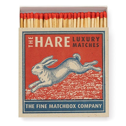 A box of luxury long matches from Archivist Gallery with hare design