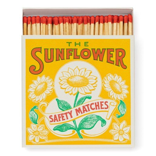 A box of luxury long matches from Archivist Gallery with sunflower design