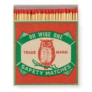 A box of luxury long matches from Archivist Gallery with wise owl design