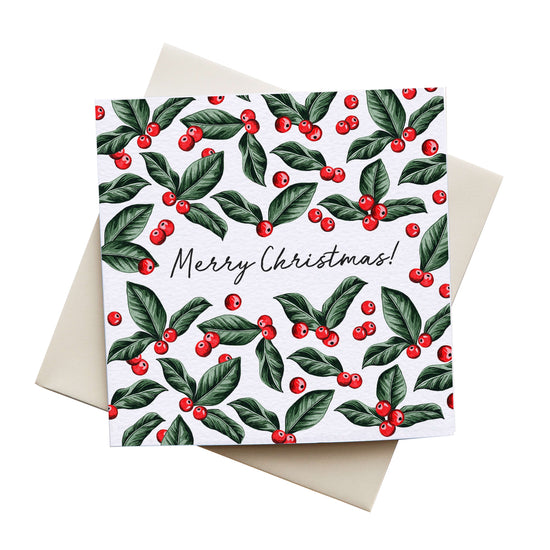 Luxury eco-friendly Christmas card from Sophie Brabbins with watercolour illustrated holly design