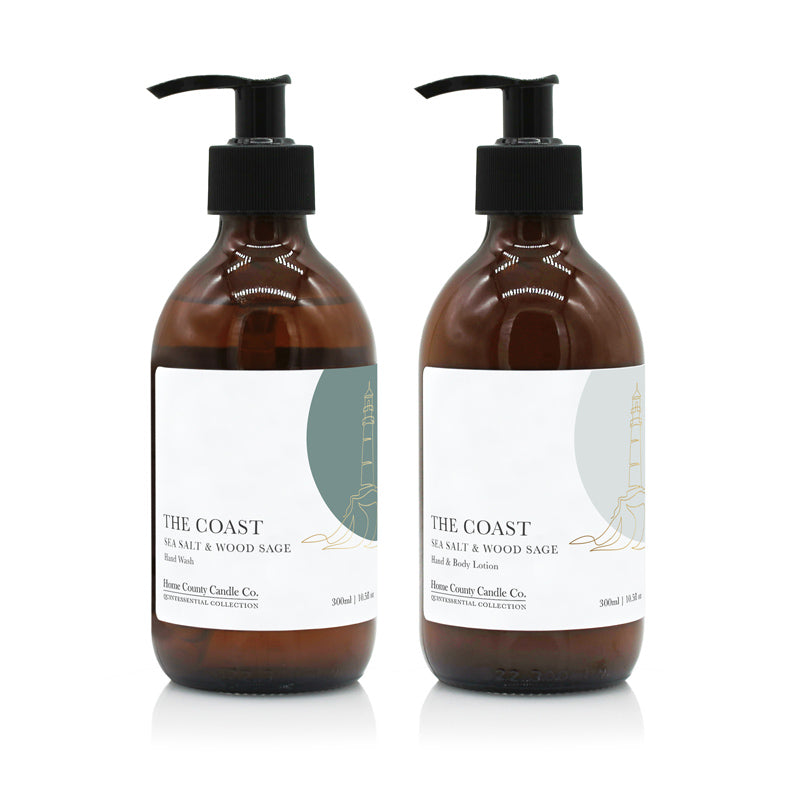 A 300ml coastal sea salt and wood sage scented hand wash and lotion duo from the Home County Co. is shown in eco-friendly amber glass bottles