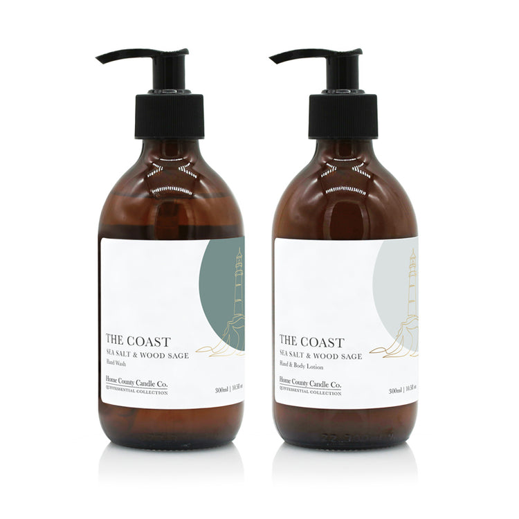 A 300ml coastal sea salt and wood sage scented hand wash and lotion duo from the Home County Co. is shown in eco-friendly amber glass bottles
