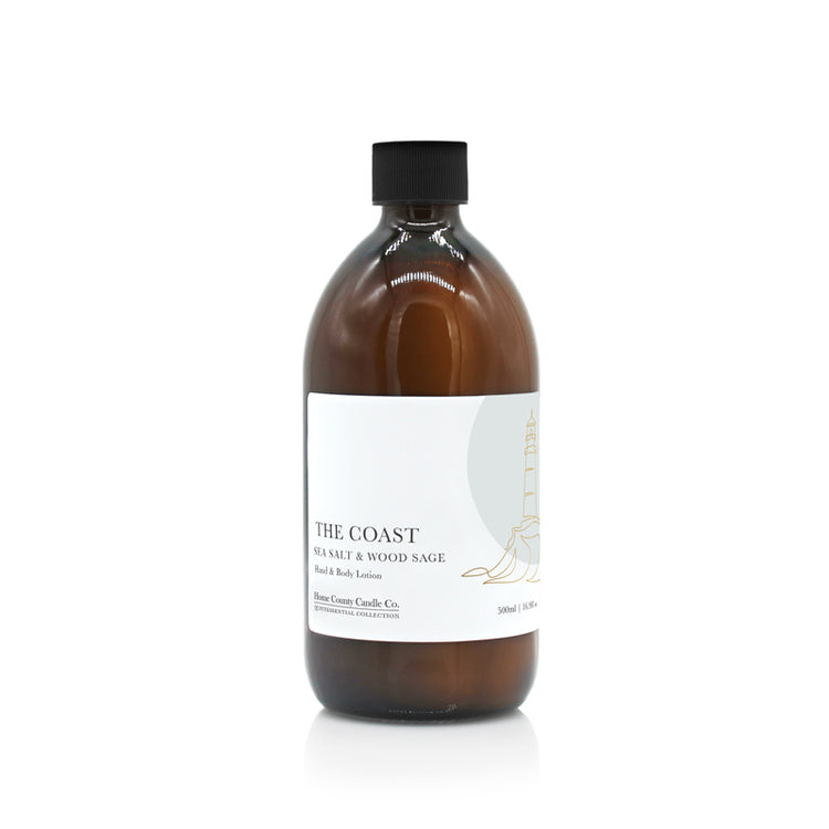 A 500ml coastal sea salt and wood sage hand and body lotion refill from the Home County Co. is shown in its eco-friendly amber glass bottle